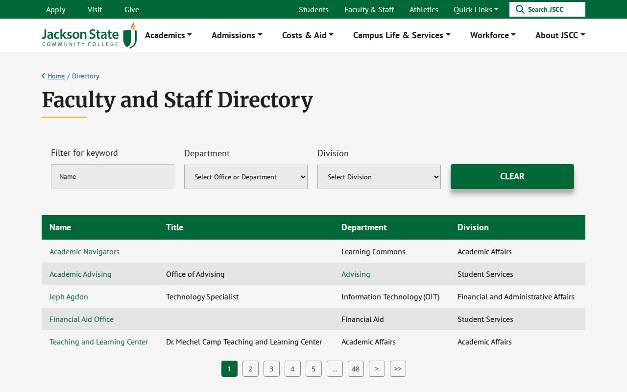Jackson people directories college faculty and staff filters