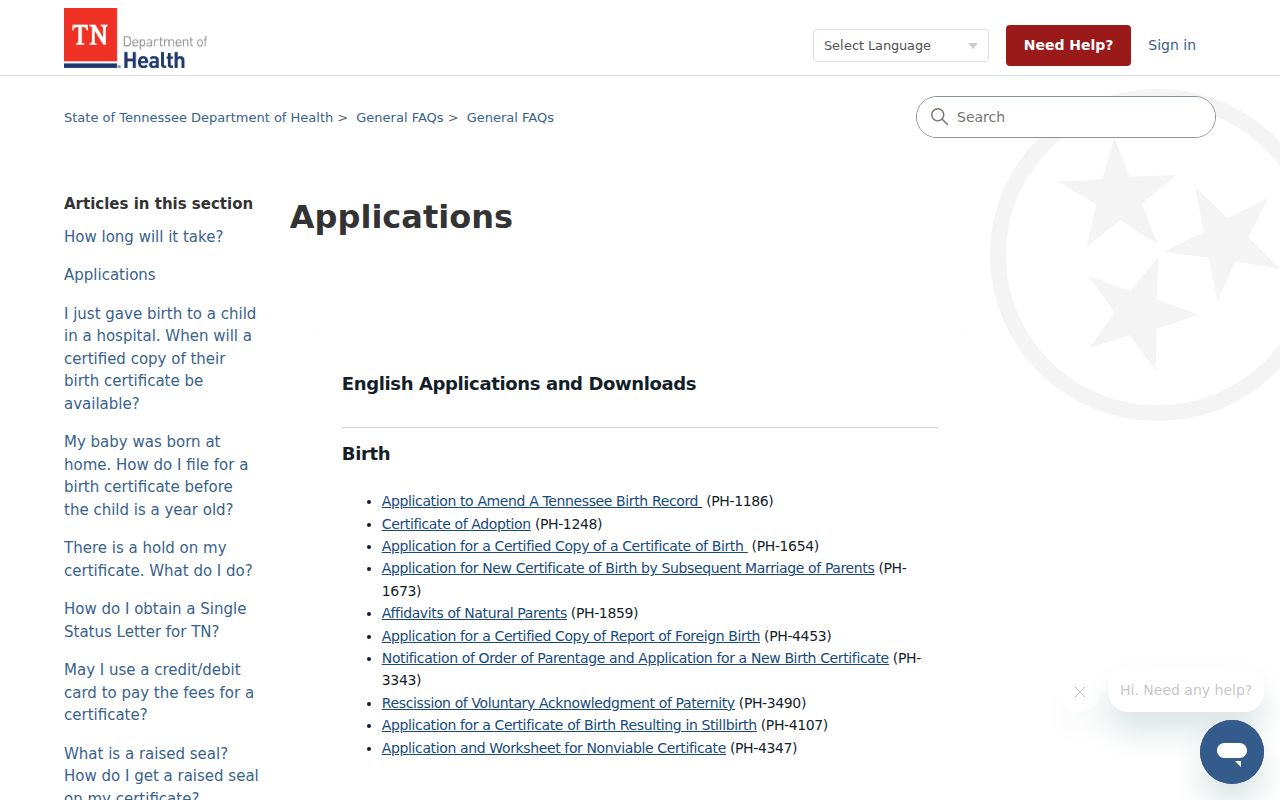 Jackson public records application options for Tennessee vital records
